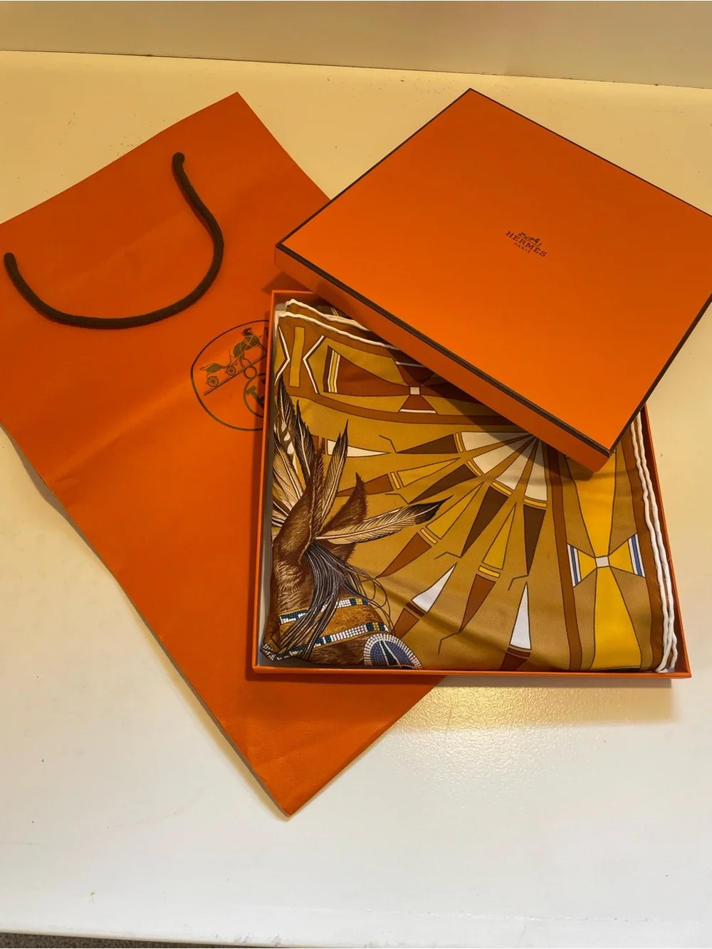 Hermès Orange Silk Scarf in Mustard & Brown